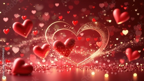 Romantic Red Background with Floating Hearts and Glowing Particles – Valentine's Day Theme, Dreamy Atmosphere, and Festive Holiday Mood