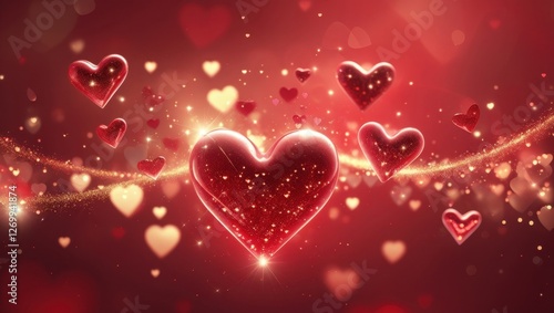 Romantic Red Background with Floating Hearts and Glowing Particles – Valentine's Day Theme, Dreamy Atmosphere, and Festive Holiday Mood