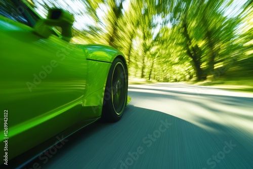 green car on the road in the green spring forest. speed motion blur effect