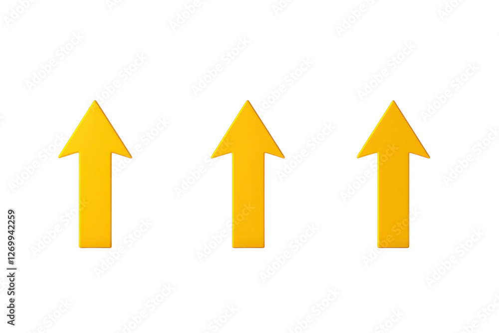 Three bright yellow arrows point up on a clean white background, making a bold statement isolated on transparent background Three bright yellow arrows point up on a clean white background, making a bold statement isolated on transparent background