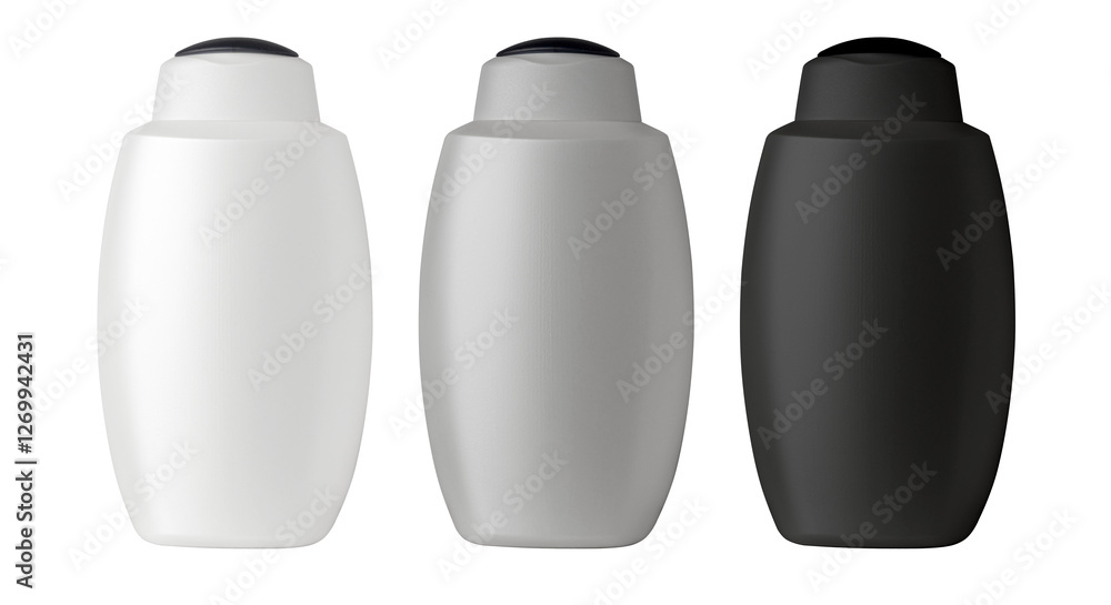 plastic cosmetic bottles with black flip-top cap standing on white background plastic cosmetic bottles with black flip-top cap standing on white background