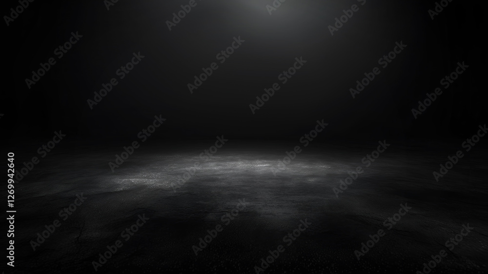 Black background with spotlight to stone ground. Dark interior background. 3D rendering