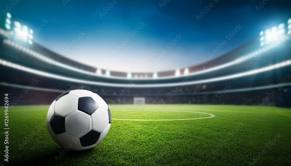 Fototapeta premium a soccer ball on green field with blur stadium at background