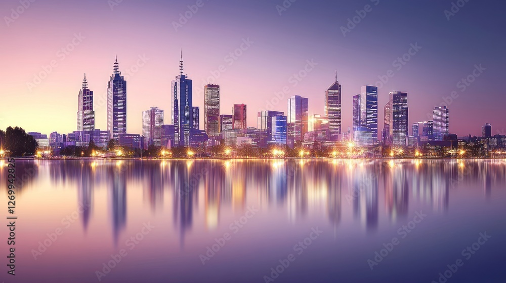 Fototapeta premium Captivating Cityscape Reflection: A Stunning Urban Panorama at Twilight