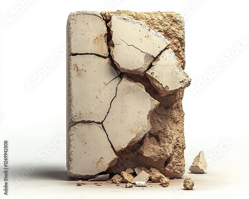 In a 3D illustration, a concrete wall on a white background disintegrates into pieces photo