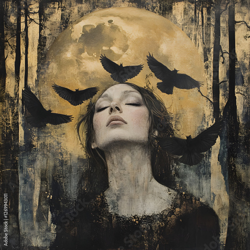 Mystical Woman Under the Moon with Crows in a Dark Fantasy Forest: A Dreamlike Portrait of Ethereal Beauty, Whimsical Serenity, and Haunting Shadows in an Artistic Black and White Vision