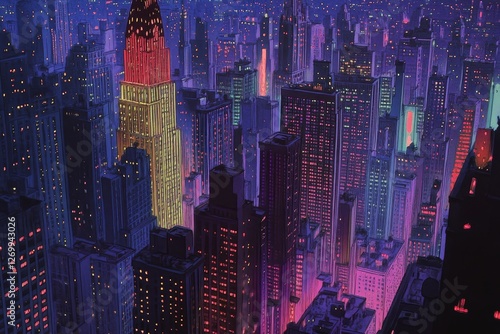 night view from above of New York skyscrapers in the 50s