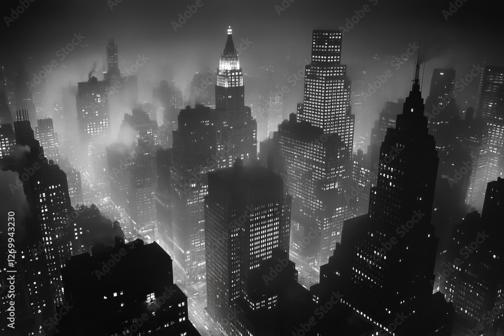 night view from above of New York skyscrapers in the 50s