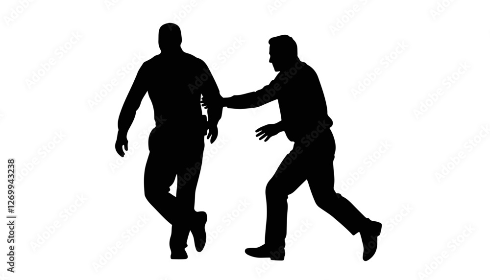 Silhouettes of two men in an engaging chase on a white background Silhouettes of two men in an engaging chase on a white background