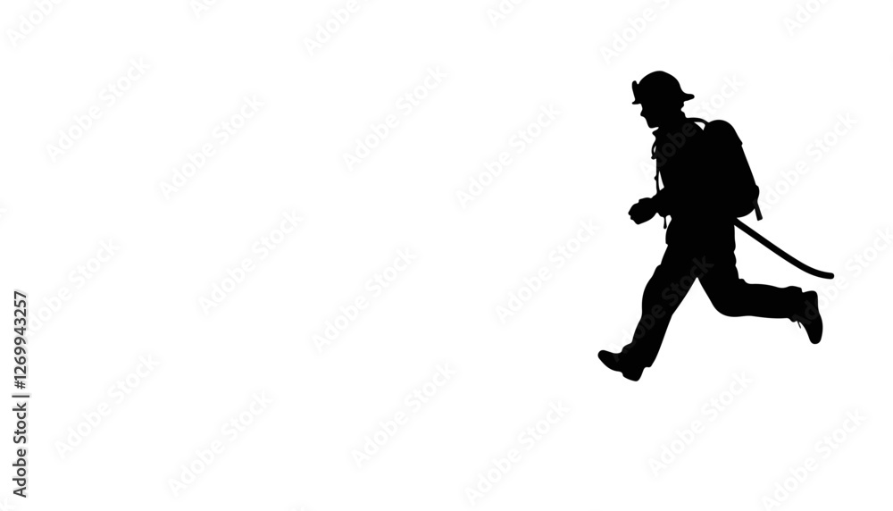 Firefighter running with equipment against white background Firefighter running with equipment against white background