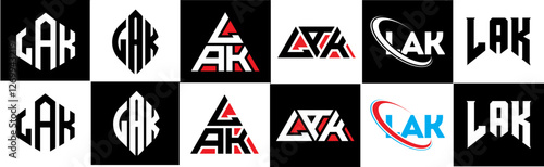 LAK letter logo design in six style. LAK polygon, circle, triangle, hexagon, flat and simple style with black and white color variation letter logo set in one artboard. LAK minimalist and classic logo