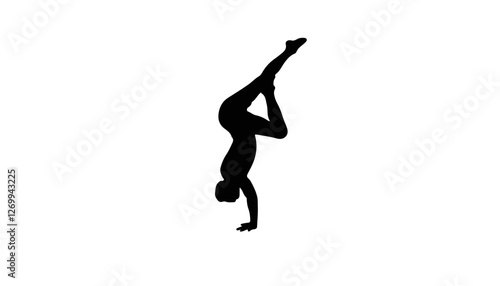 Silhouette of a person performing a handstand against white background