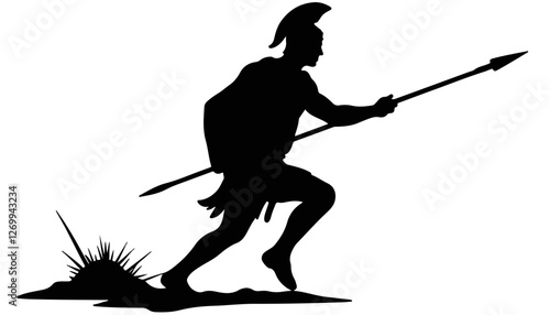 Silhouette of a warrior running with a spear
