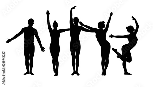 Silhouettes of dancers expressing joy against a white background