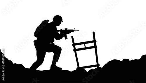 Soldier preparing for action against silhouette backdrop