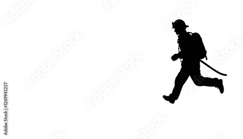 Firefighter running with equipment against white background