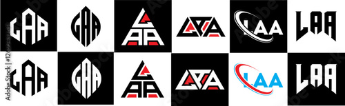 LAA letter logo design in six style. LAA polygon, circle, triangle, hexagon, flat and simple style with black and white color variation letter logo set in one artboard. LAA minimalist and classic logo