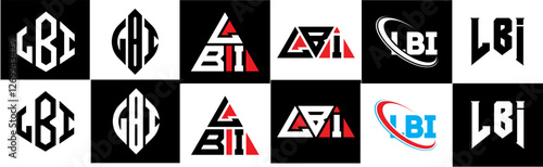 LBI letter logo design in six style. LBI polygon, circle, triangle, hexagon, flat and simple style with black and white color variation letter logo set in one artboard. LBI minimalist and classic logo