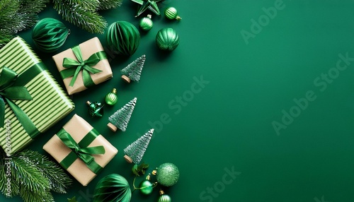 merry christmas and happy holidays greeting card frame banner new year noel green christmas decorations gifts presents on green background winter xmas festive theme