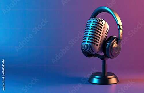 A vintage microphone paired with headphones on a stand, set against a colorful background.