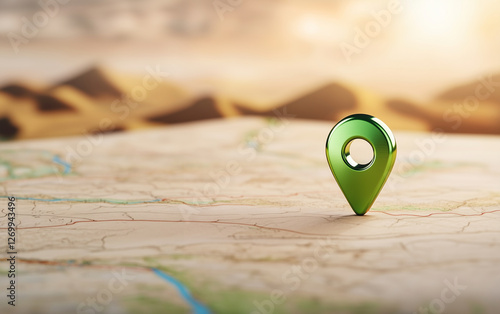 Map pin on a map. Green map pin on a detailed map with desert in background. Location map pin photo