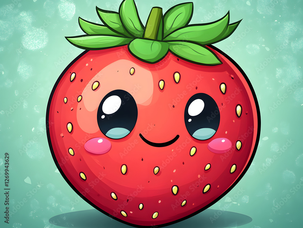 Obraz premium Cute Illustration of a Happy Strawberry With Big Eyes and a Charming Smile on a Bright Blue Background