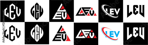 LEV letter logo design in six style. LEV polygon, circle, triangle, hexagon, flat and simple style with black and white color variation letter logo set in one artboard. LEV minimalist and classic logo