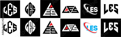 LES letter logo design in six style. LES polygon, circle, triangle, hexagon, flat and simple style with black and white color variation letter logo set in one artboard. LES minimalist and classic logo