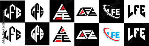 LFE letter logo design in six style. LFE polygon, circle, triangle, hexagon, flat and simple style with black and white color variation letter logo set in one artboard. LFE minimalist and classic logo