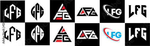 LFG letter logo design in six style. LFG polygon, circle, triangle, hexagon, flat and simple style with black and white color variation letter logo set in one artboard. LFG minimalist and classic logo