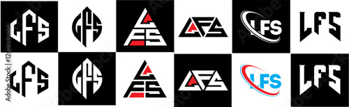 LFS letter logo design in six style. LFS polygon, circle, triangle, hexagon, flat and simple style with black and white color variation letter logo set in one artboard. LFS minimalist and classic logo