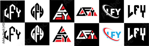 LFY letter logo design in six style. LFY polygon, circle, triangle, hexagon, flat and simple style with black and white color variation letter logo set in one artboard. LFY minimalist and classic logo