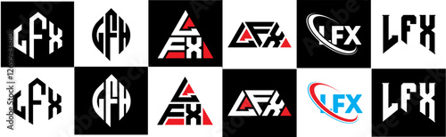 LFX letter logo design in six style. LFX polygon, circle, triangle, hexagon, flat and simple style with black and white color variation letter logo set in one artboard. LFX minimalist and classic logo