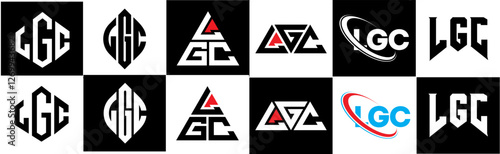 LGC letter logo design in six style. LGC polygon, circle, triangle, hexagon, flat and simple style with black and white color variation letter logo set in one artboard. LGC minimalist and classic logo