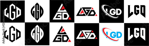 LGD letter logo design in six style. LGD polygon, circle, triangle, hexagon, flat and simple style with black and white color variation letter logo set in one artboard. LGD minimalist and classic logo