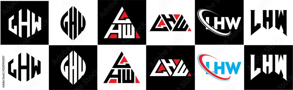 Obraz premium LHW letter logo design in six style. LHW polygon, circle, triangle, hexagon, flat and simple style with black and white color variation letter logo set in one artboard. LHW minimalist and classic logo