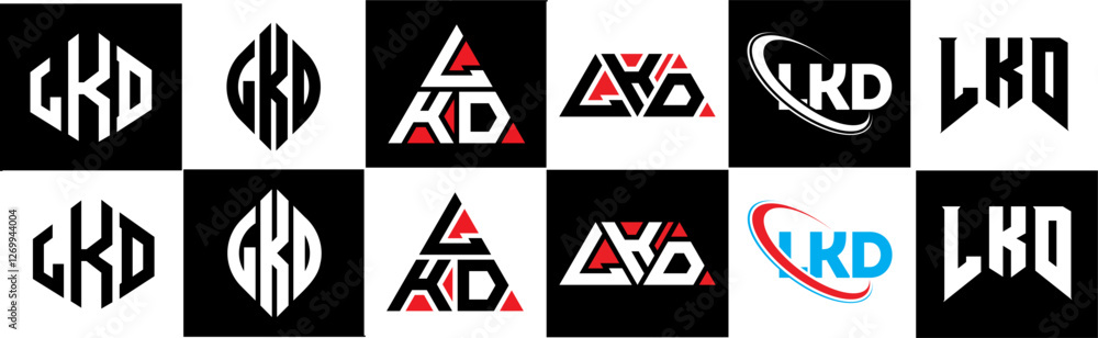 LKD letter logo design in six style. LKD polygon, circle, triangle, hexagon, flat and simple style with black and white color variation letter logo set in one artboard. LKD minimalist and classic logo LKD letter logo design in six style. LKD polygon, circle, triangle, hexagon, flat and simple style with black and white color variation letter logo set in one artboard. LKD minimalist and classic logo