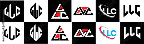 LLC letter logo design in six style. LLC polygon, circle, triangle, hexagon, flat and simple style with black and white color variation letter logo set in one artboard. LLC minimalist and classic logo