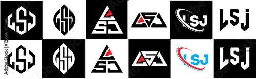 LSJ letter logo design in six style. LSJ polygon, circle, triangle, hexagon, flat and simple style with black and white color variation letter logo set in one artboard. LSJ minimalist and classic logo