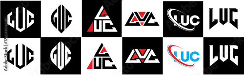 LUC letter logo design in six style. LUC polygon, circle, triangle, hexagon, flat and simple style with black and white color variation letter logo set in one artboard. LUC minimalist and classic logo