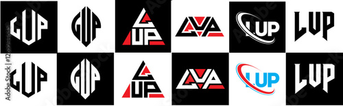 LUP letter logo design in six style. LUP polygon, circle, triangle, hexagon, flat and simple style with black and white color variation letter logo set in one artboard. LUP minimalist and classic logo