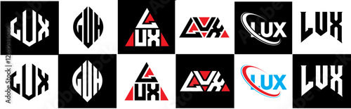 LUX letter logo design in six style. LUX polygon, circle, triangle, hexagon, flat and simple style with black and white color variation letter logo set in one artboard. LUX minimalist and classic logo