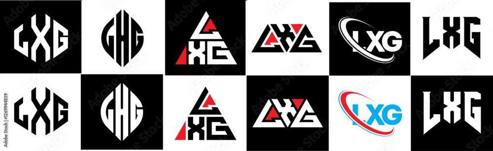 LXG letter logo design in six style. LXG polygon, circle, triangle, hexagon, flat and simple style with black and white color variation letter logo set in one artboard. LXG minimalist and classic logo LXG letter logo design in six style. LXG polygon, circle, triangle, hexagon, flat and simple style with black and white color variation letter logo set in one artboard. LXG minimalist and classic logo