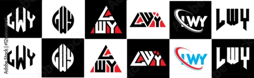Fototapeta LWY letter logo design in six style. LWY polygon, circle, triangle, hexagon, flat and simple style with black and white color variation letter logo set in one artboard. LWY minimalist and classic logo
