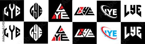 LYE letter logo design in six style. LYE polygon, circle, triangle, hexagon, flat and simple style with black and white color variation letter logo set in one artboard. LYE minimalist and classic logo