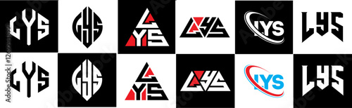 LYS letter logo design in six style. LYS polygon, circle, triangle, hexagon, flat and simple style with black and white color variation letter logo set in one artboard. LYS minimalist and classic logo