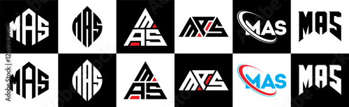 MAS letter logo design in six style. MAS polygon, circle, triangle, hexagon, flat and simple style with black and white color variation letter logo set in one artboard. MAS minimalist and classic logo