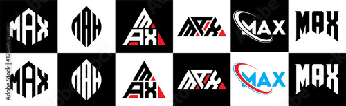 MAX letter logo design in six style. MAX polygon, circle, triangle, hexagon, flat and simple style with black and white color variation letter logo set in one artboard. MAX minimalist and classic logo