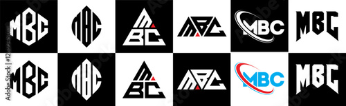MBC letter logo design in six style. MBC polygon, circle, triangle, hexagon, flat and simple style with black and white color variation letter logo set in one artboard. MBC minimalist and classic logo