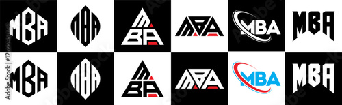 MBA letter logo design in six style. MBA polygon, circle, triangle, hexagon, flat and simple style with black and white color variation letter logo set in one artboard. MBA minimalist and classic logo